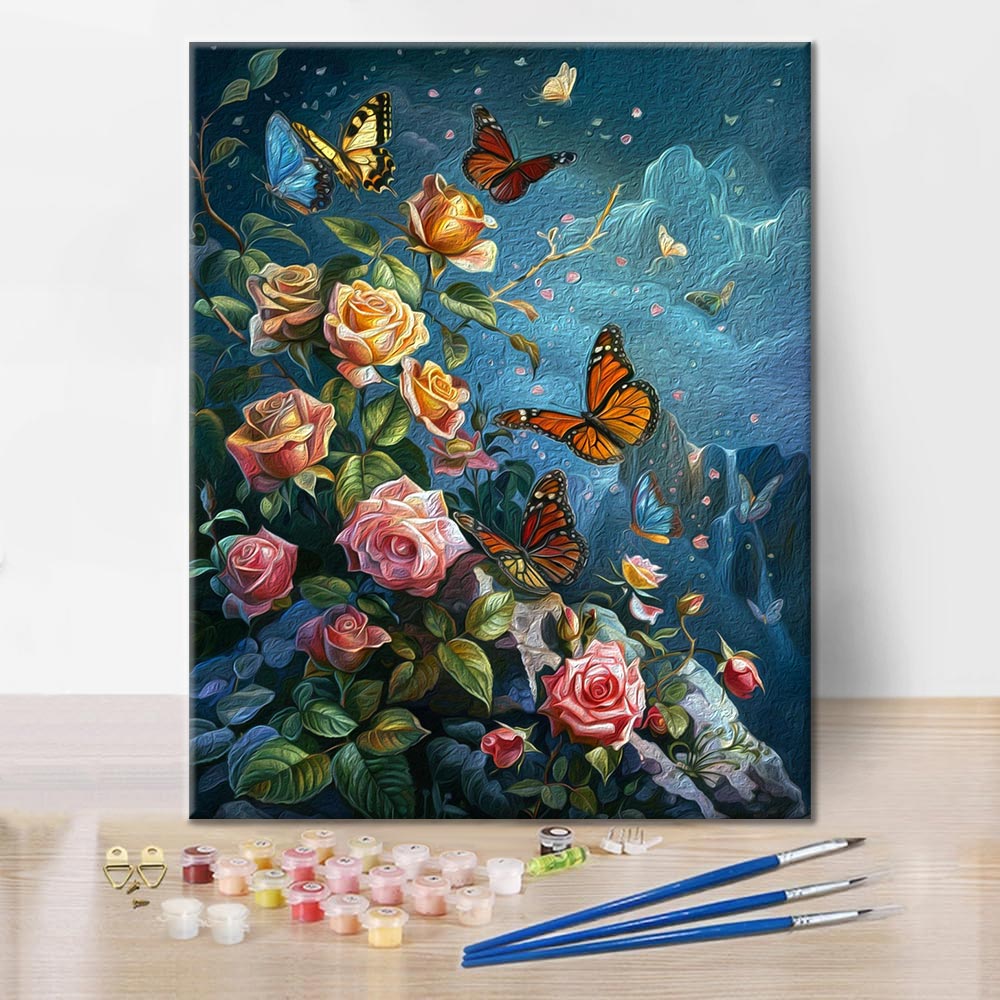 Papillons et roses - Peinture par numéros