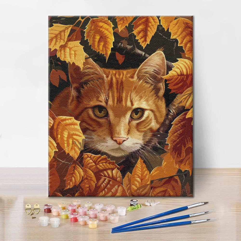 Feuilles et chat - Peinture par numéros