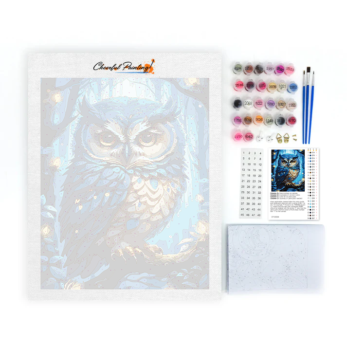 Un hibou bleu mange une pomme - Peinture par numéros