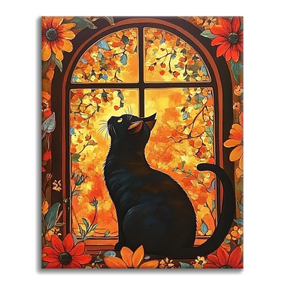 Cat in front of flower window - Paint by Numbers