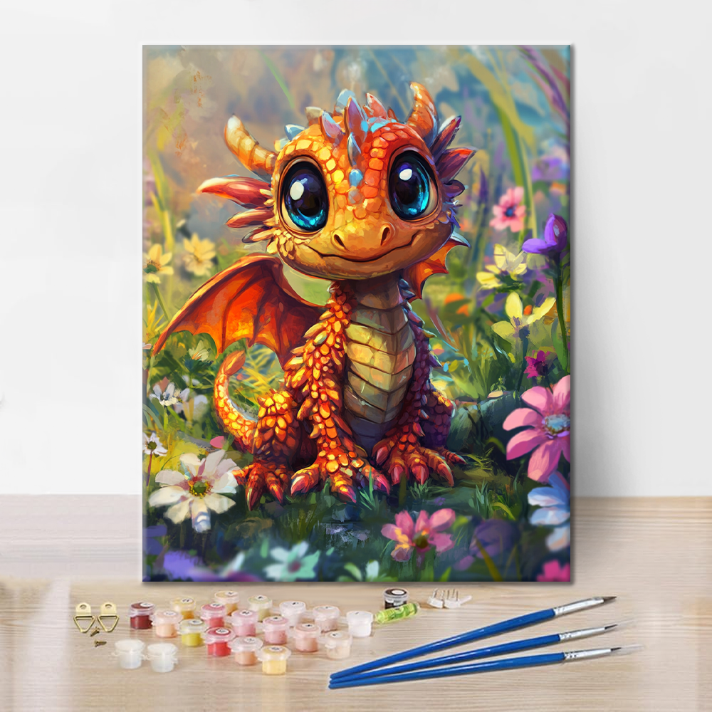 Cheerful Dragon Puppy in Blooming Fields - Paint by Numbers