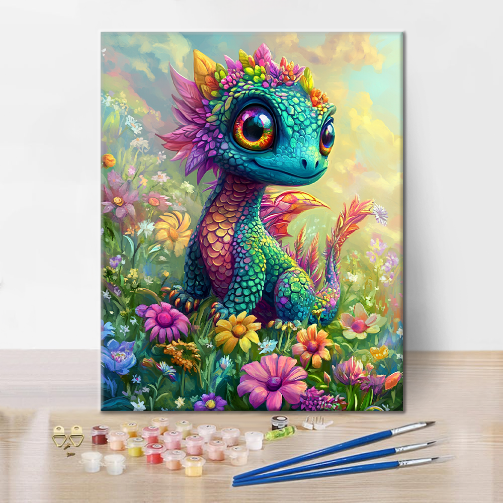 Enchanting Rainbow Dragon in Bloom - Paint by Numbers