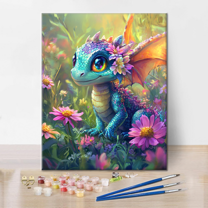 Colorful Dragon Amidst Blossoms - Paint by Numbers