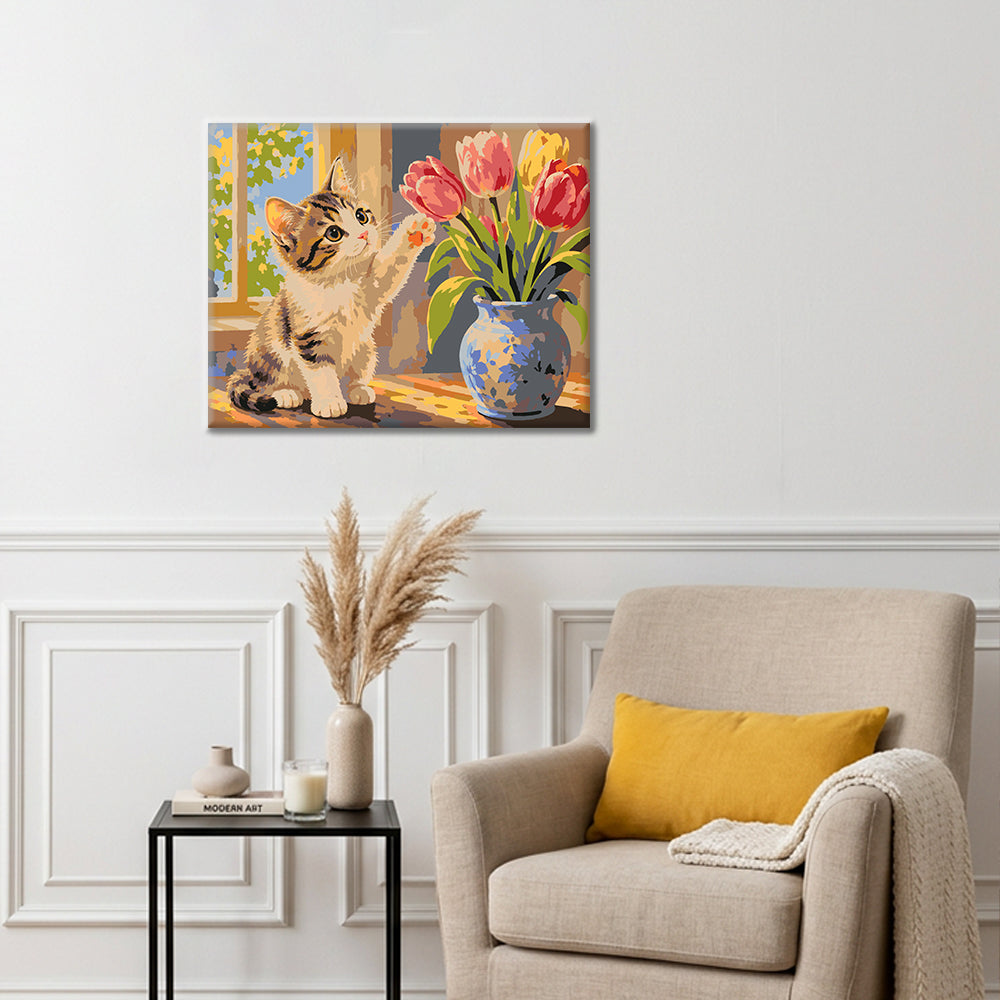 Kitten and Tulips - Paint by Numbers