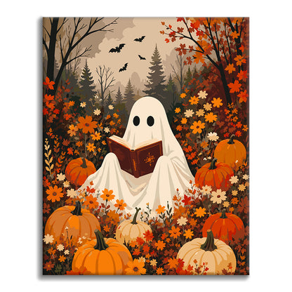 Pumpkin Ghost Reading - Paint by Numbers