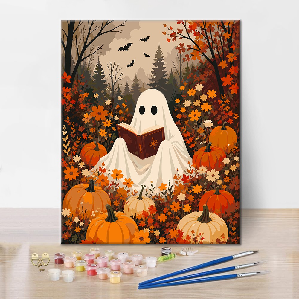 Pumpkin Ghost Reading - Paint by Numbers