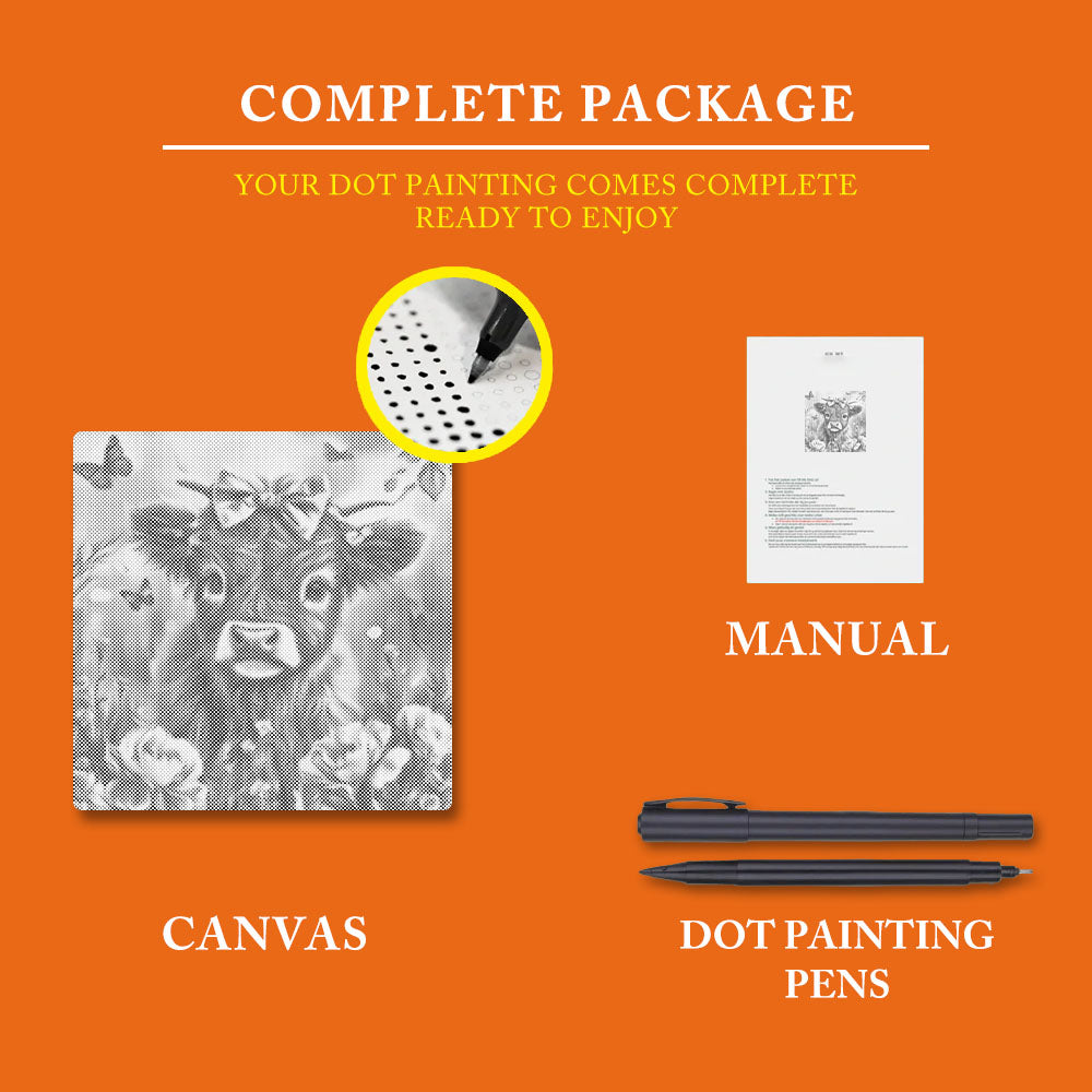 Adorable Highland Calf with Flowers - Dot Painting